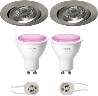 Pragmi Aerony Pro - Inbouw Rond - Mat Nikkel - Kantelbaar - Ø82mm - Philips Hue - LED Spot Set GU10 - White and Color Zilverkleurig