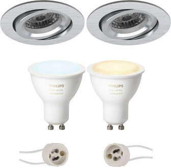 Pragmi Aerony Pro - Inbouw Rond - Mat Zilver - Kantelbaar - Ø82mm - Philips Hue - LED Spot Set GU10 - White Ambiance - Zilverkleurig