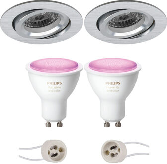 Pragmi Aerony Pro - Inbouw Rond - Mat Zilver - Kantelbaar - Ø82mm - Philips Hue - LED Spot Set GU10 - White and Color Zilverkleurig