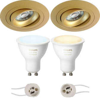 Pragmi Alpin Pro - Inbouw Rond - Mat Goud - Kantelbaar - Ø92mm - Philips Hue - LED Spot Set GU10 - White Ambiance - Goudkleurig