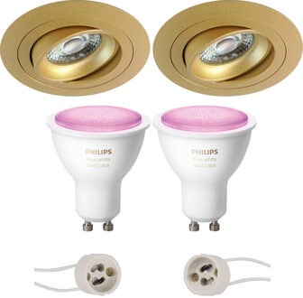 Pragmi Alpin Pro - Inbouw Rond - Mat Goud - Kantelbaar - Ø92mm - Philips Hue - LED Spot Set GU10 - White and Color Goudkleurig