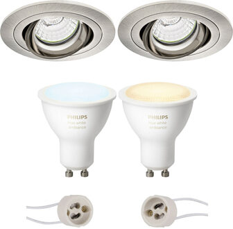 Pragmi Alpin Pro - Inbouw Rond - Mat Nikkel - Kantelbaar - Ø92mm - Philips Hue - LED Spot Set GU10 - White Ambiance - Zilverkleurig