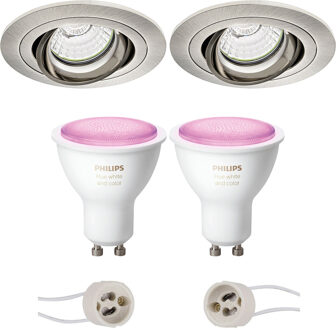 Pragmi Alpin Pro - Inbouw Rond - Mat Nikkel - Kantelbaar - Ø92mm - Philips Hue - LED Spot Set GU10 - White and Color Zilverkleurig