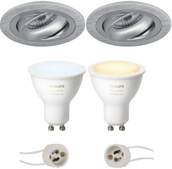 Pragmi Alpin Pro - Inbouw Rond - Mat Zilver - Kantelbaar Ø92mm - Philips Hue - LED Spot Set GU10 - White Ambiance - Zilverkleurig