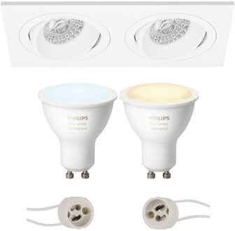 Pragmi Borny Pro - Inbouw Rechthoek Dubbel - Mat Wit - Kantelbaar - 175x92mm - Philips Hue - LED Spot Set GU10 - White