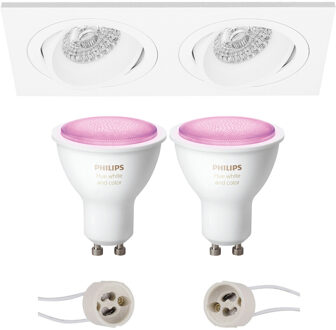 Pragmi Borny Pro - Inbouw Rechthoek Dubbel - Mat Wit - Kantelbaar - 175x92mm - Philips Hue - LED Spot Set GU10 - White
