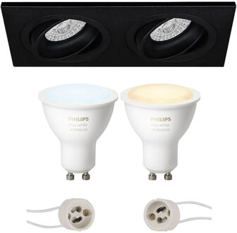 Pragmi Borny Pro - Inbouw Rechthoek Dubbel - Mat Zwart - Kantelbaar - 175x92mm - Philips Hue - LED Spot Set GU10 - White