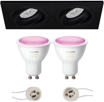 Pragmi Borny Pro - Inbouw Rechthoek Dubbel - Mat Zwart - Kantelbaar - 175x92mm - Philips Hue - LED Spot Set GU10 - White