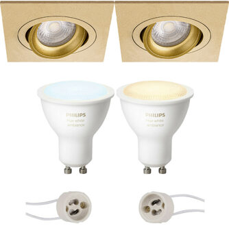 Pragmi Borny Pro - Inbouw Vierkant - Mat Goud - Kantelbaar - 92mm - Philips Hue - LED Spot Set GU10 - White Ambiance - Goudkleurig