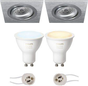 Pragmi Borny Pro - Inbouw Vierkant - Mat Zilver - Kantelbaar - 92mm - Philips Hue - LED Spot Set GU10 - White Ambiance - Zilverkleurig