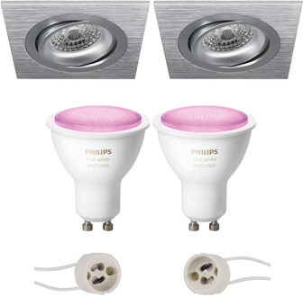 Pragmi Borny Pro - Inbouw Vierkant - Mat Zilver - Kantelbaar - 92mm - Philips Hue - LED Spot Set GU10 - White and Color Zilverkleurig