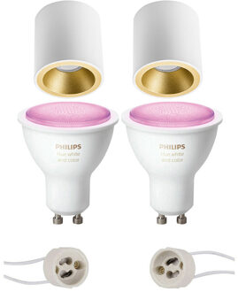 Pragmi Cliron Pro - Opbouw Rond - Mat Wit/Goud - Verdiept - Ø90mm - Philips Hue - Opbouwspot Set GU10 - White and Color Goudkleurig