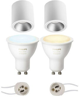 Pragmi Cliron Pro - Opbouw Rond - Mat Wit/Zilver - Verdiept - Ø90mm - Philips Hue - Opbouwspot Set GU10 - White Ambiance Zilverkleurig