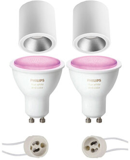 Pragmi Cliron Pro - Opbouw Rond - Mat Wit/Zilver - Verdiept - Ø90mm - Philips Hue - Opbouwspot Set GU10 - White and Zilverkleurig