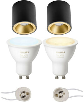 Pragmi Cliron Pro - Opbouw Rond - Mat Zwart/Goud - Verdiept - Ø90mm - Philips Hue - Opbouwspot Set GU10 - White Ambiance