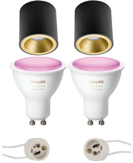 Pragmi Cliron Pro - Opbouw Rond - Mat Zwart/Goud - Verdiept - Ø90mm - Philips Hue - Opbouwspot Set GU10 - White and