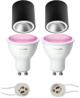 Pragmi Cliron Pro - Opbouw Rond - Mat Zwart/Zilver - Verdiept - Ø90mm - Philips Hue - Opbouwspot Set GU10 - White and