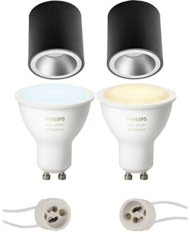 Pragmi Cliron Pro - Opbouw Rond - Mat Zwart/Zilver - Verdiept - Ø90mm - Philips Hue - Opbouwspot Set GU10 - White