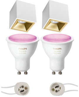 Pragmi Cliron Pro - Opbouw Vierkant - Mat Wit/Goud - Verdiept - 90mm - Philips Hue - Opbouwspot Set GU10 - White and Goudkleurig