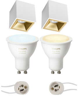 Pragmi Cliron Pro - Opbouw Vierkant - Mat Wit/Goud - Verdiept - 90mm - Philips Hue - Opbouwspot Set GU10 - White Goudkleurig