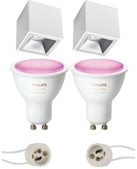 Pragmi Cliron Pro - Opbouw Vierkant - Mat Wit/Zilver - Verdiept - 90mm - Philips Hue - Opbouwspot Set GU10 - White and Zilverkleurig