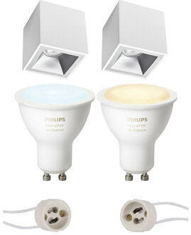 Pragmi Cliron Pro - Opbouw Vierkant - Mat Wit/Zilver - Verdiept - 90mm - Philips Hue - Opbouwspot Set GU10 - White Zilverkleurig