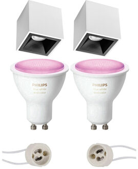 Pragmi Cliron Pro - Opbouw Vierkant - Mat Wit/Zwart - Verdiept - 90mm - Philips Hue - Opbouwspot Set GU10 - White and