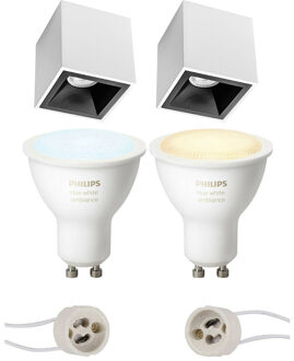 Pragmi Cliron Pro - Opbouw Vierkant - Mat Wit/Zwart - Verdiept - 90mm - Philips Hue - Opbouwspot Set GU10 - White