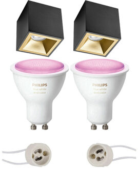 Pragmi Cliron Pro - Opbouw Vierkant - Mat Zwart/Goud - Verdiept - 90mm - Philips Hue - Opbouwspot Set GU10 - White and