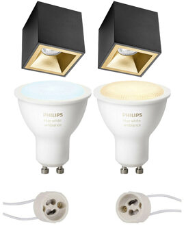 Pragmi Cliron Pro - Opbouw Vierkant - Mat Zwart/Goud - Verdiept - 90mm - Philips Hue - Opbouwspot Set GU10 - White