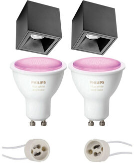 Pragmi Cliron Pro - Opbouw Vierkant - Mat Zwart - Verdiept - 90mm - Philips Hue - Opbouwspot Set GU10 - White and Color