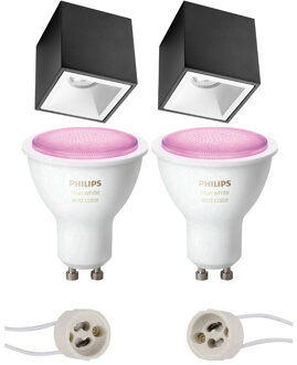 Pragmi Cliron Pro - Opbouw Vierkant - Mat Zwart/Wit - Verdiept - 90mm - Philips Hue - Opbouwspot Set GU10 - White and