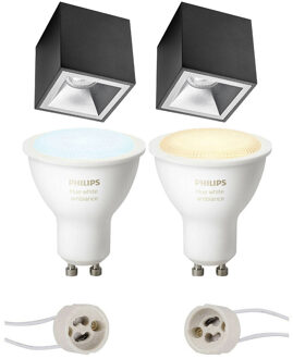 Pragmi Cliron Pro - Opbouw Vierkant - Mat Zwart/Zilver - Verdiept - 90mm - Philips Hue - Opbouwspot Set GU10 - White