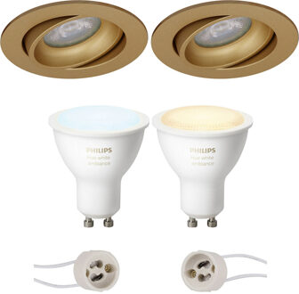 Pragmi Delton Pro - Inbouw Rond - Mat Goud - Kantelbaar - Ø82mm - Philips Hue - LED Spot Set GU10 - White Ambiance - Goudkleurig