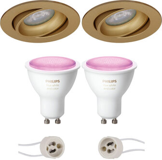 Pragmi Delton Pro - Inbouw Rond - Mat Goud - Kantelbaar - Ø82mm - Philips Hue - LED Spot Set GU10 - White and Color Goudkleurig