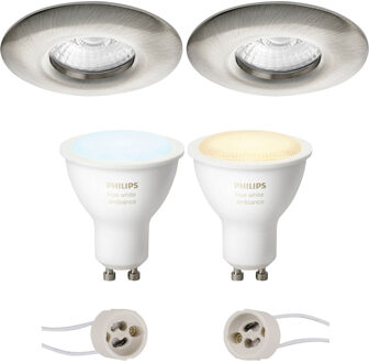 Pragmi Luno Pro - Waterdicht IP65 - Inbouw Rond - Mat Nikkel - Ø82mm - Philips Hue - LED Spot Set GU10 - White Ambiance Zilverkleurig