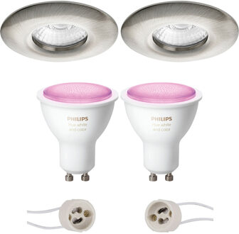 Pragmi Luno Pro - Waterdicht IP65 - Inbouw Rond - Mat Nikkel - Ø82mm - Philips Hue - LED Spot Set GU10 - White and Color Zilverkleurig