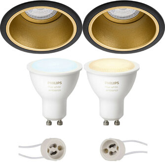 Pragmi Minko Pro - Inbouw Rond - Mat Zwart/Goud - Verdiept - Ø90mm - Philips Hue - LED Spot Set GU10 - White Ambiance