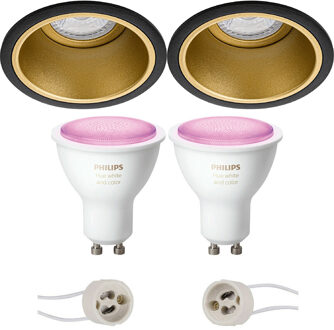 Pragmi Minko Pro - Inbouw Rond - Mat Zwart/Goud - Verdiept - Ø90mm - Philips Hue - LED Spot Set GU10 - White and Color