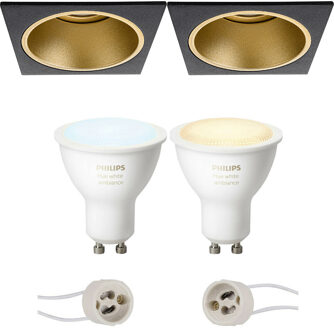 Pragmi Minko Pro - Inbouw Vierkant - Mat Zwart/Goud - Verdiept - 90mm - Philips Hue - LED Spot Set GU10 - White Ambiance