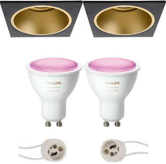 Pragmi Minko Pro - Inbouw Vierkant - Mat Zwart/Goud - Verdiept - 90mm - Philips Hue - LED Spot Set GU10 - White and
