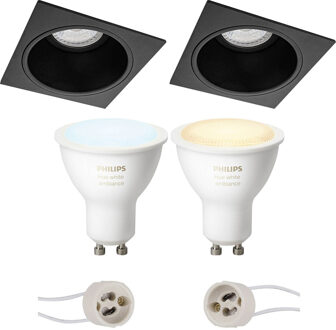 Pragmi Minko Pro - Inbouw Vierkant - Mat Zwart - Verdiept - 90mm - Philips Hue - LED Spot Set GU10 - White Ambiance