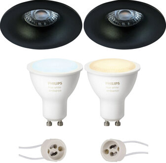 Pragmi Nora Pro - Inbouw Rond - Mat Zwart - Ø82mm - Philips Hue - LED Spot Set GU10 - White Ambiance - Bluetooth