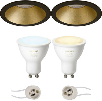 Pragmi Pollon Pro - Inbouw Rond - Mat Zwart/Goud - Verdiept - Ø82mm - Philips Hue - LED Spot Set GU10 - White Ambiance