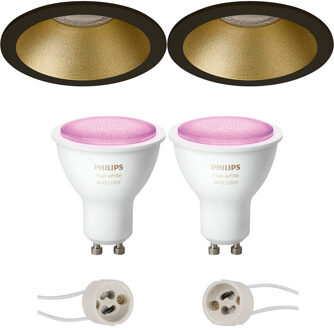 Pragmi Pollon Pro - Inbouw Rond - Mat Zwart/Goud - Verdiept - Ø82mm - Philips Hue - LED Spot Set GU10 - White and Color