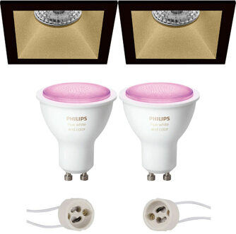 Pragmi Pollon Pro - Inbouw Vierkant - Mat Zwart/Goud - Verdiept - 82mm - Philips Hue - LED Spot Set GU10 - White and