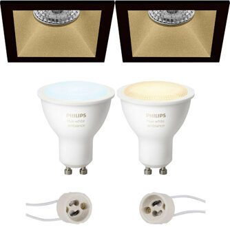 Pragmi Pollon Pro - Inbouw Vierkant - Mat Zwart/Goud - Verdiept - 82mm - Philips Hue - LED Spot Set GU10 - White
