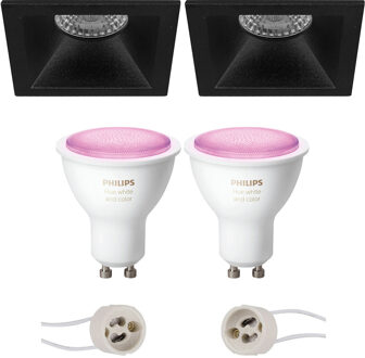 Pragmi Pollon Pro - Inbouw Vierkant - Mat Zwart - Verdiept - 82mm - Philips Hue - LED Spot Set GU10 - White and Color