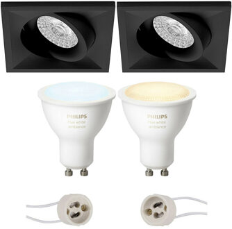 Pragmi Qiundo Pro - Inbouw Vierkant - Mat Zwart - Kantelbaar - 80mm - Philips Hue - LED Spot Set GU10 - White Ambiance