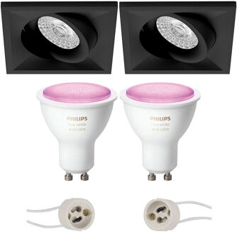 Pragmi Qiundo Pro - Inbouw Vierkant - Mat Zwart - Kantelbaar - 80mm - Philips Hue - LED Spot Set GU10 - White and Color